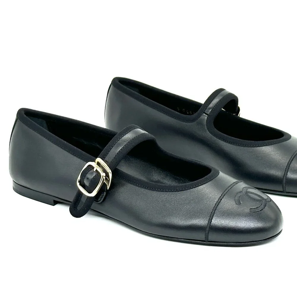 CHANEL REV CC Logo Leather Mary Jane Ankle Strap Flat Ballerina Shoes Black - Picture 7 of 15